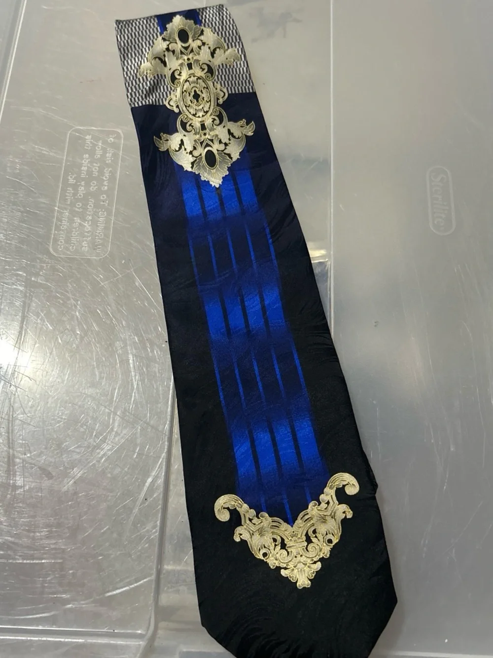 Men's Blue and Black Satin Tie with Gold Embellishments